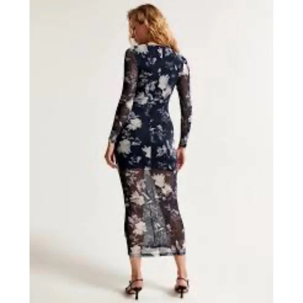 Abercrombie &‎ Fitch Navy Blue Floral Ruched Mesh Maxi Dress Large Stretch NWT